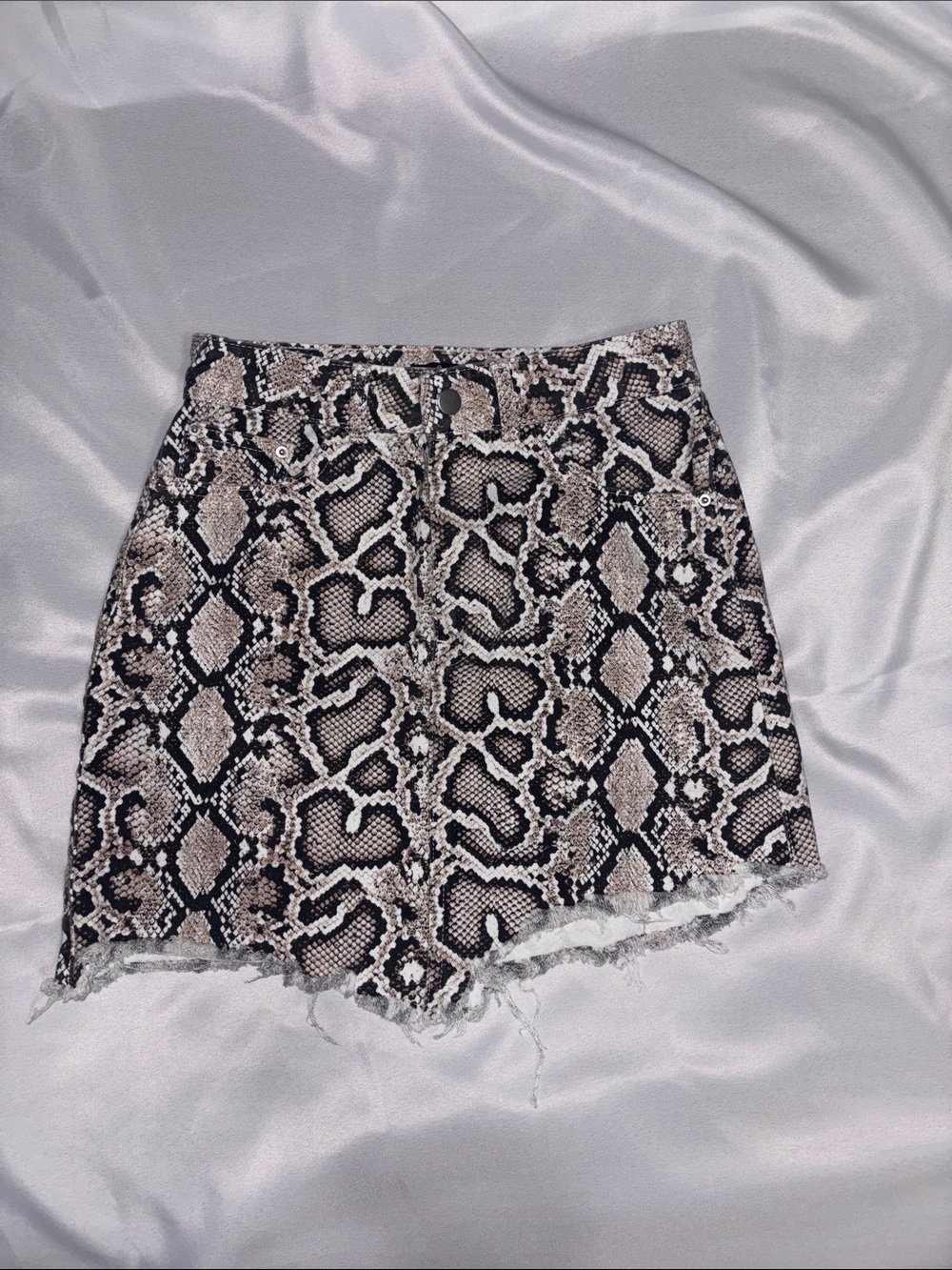 Zara Snake Print Denim Mini Skirt in Black and Beige Small Frayed Hem